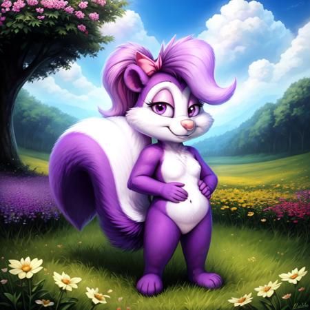 01323-170894612-_lora_FifiLaFume_0.8_, Fifi, skunk, girl, purple body, purple legs, purple arms, white-purple tail, white cheeks, white eyelids,.png